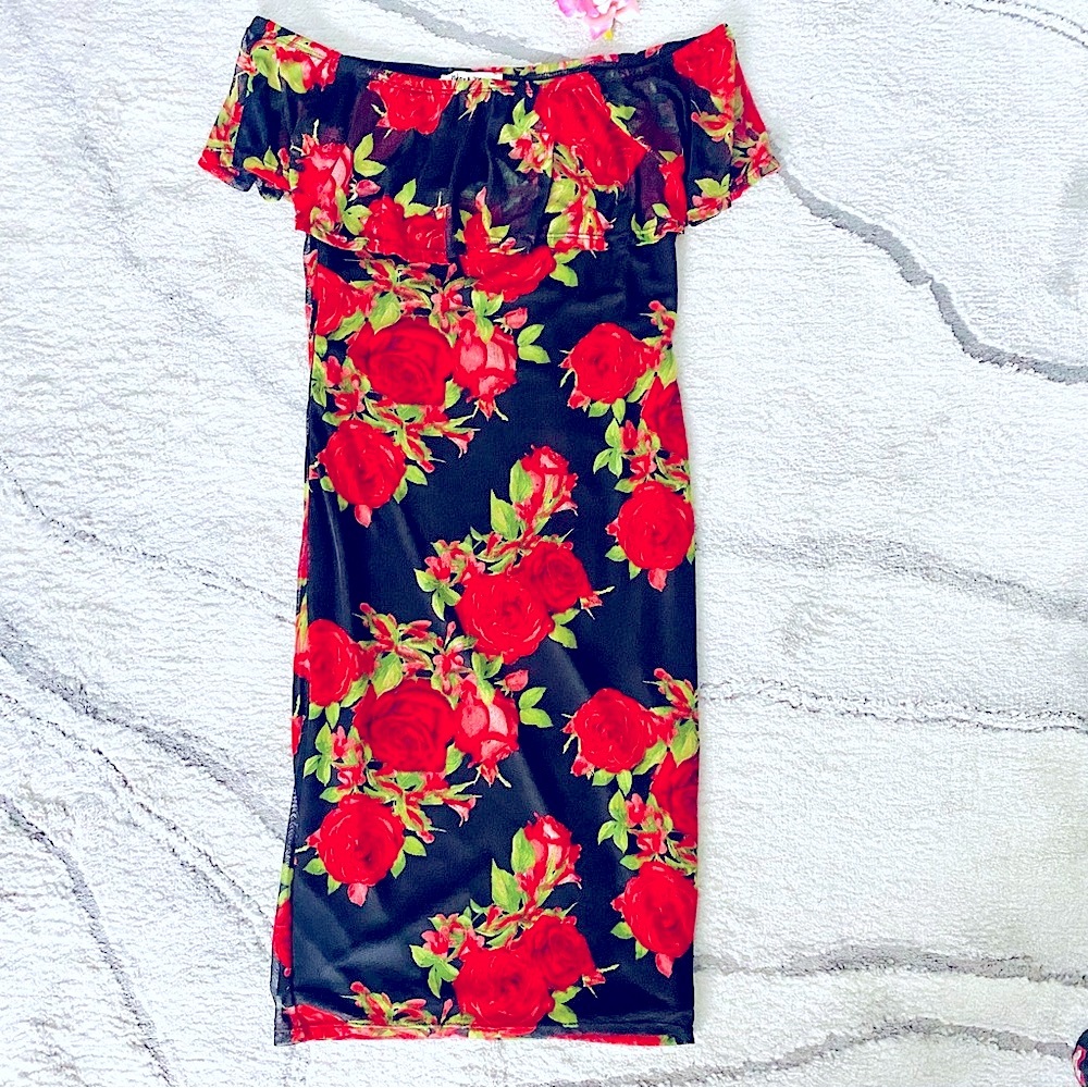 💕Sexy Rose Print Off-Shoulder Midi Dress SZ M